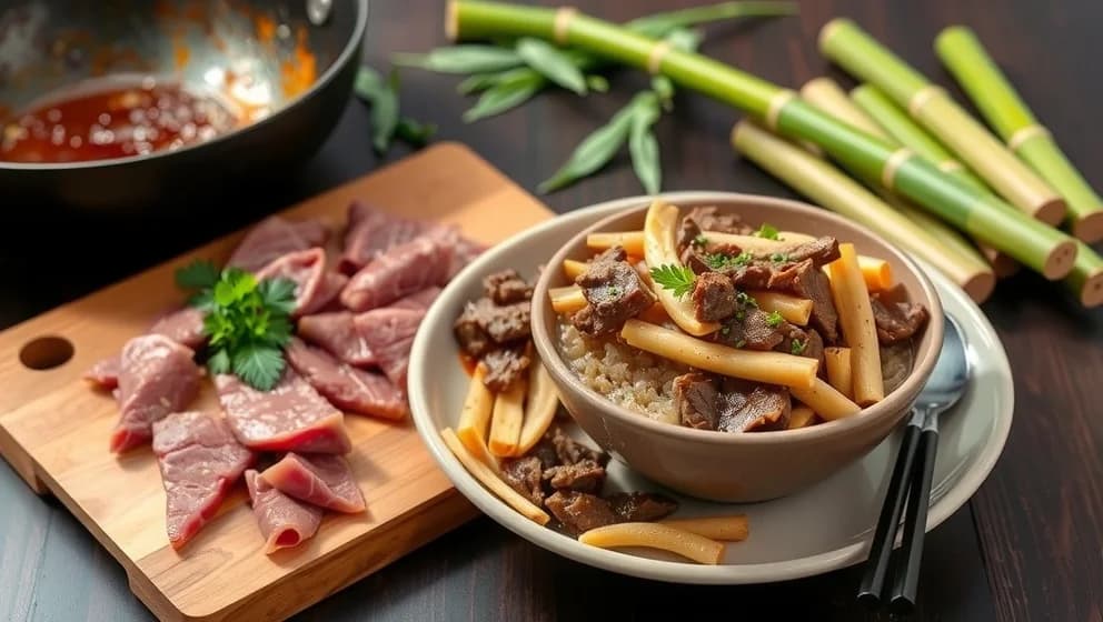 Biff med bambuskott som på restaurang